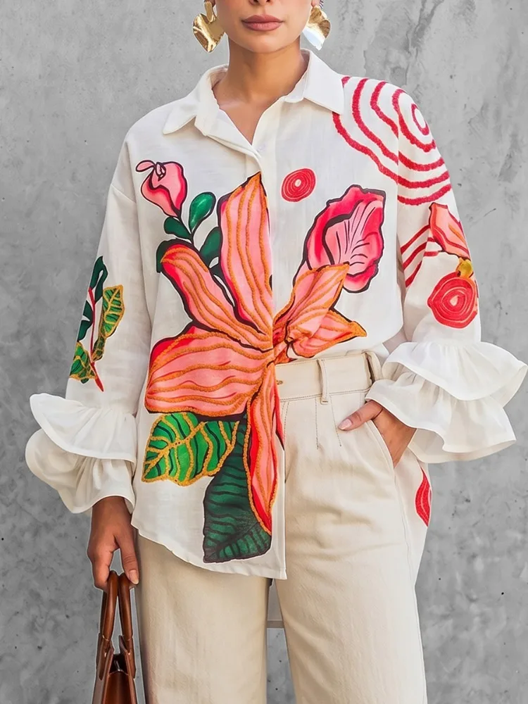 Yeezzi Women's Elegant Large Floral Printed High-Low Lapel Blouse 2026 Flared Sleeves Oversized Casual Office Party White Shirt