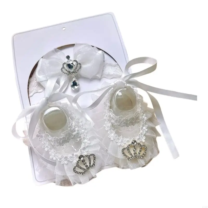 ファッショナブルでエレガントな幼児用ロイヤルヘッドバンド、滑り止め付きファーストステップシューズセット、6ヶ月までの新生児に適しています