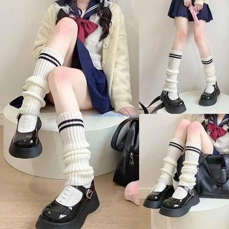 

N7YF Women Student Double Striped Knit Leg Warmers Preppy Uniform Boot Cover Crochet Ribbed Knee High Socks