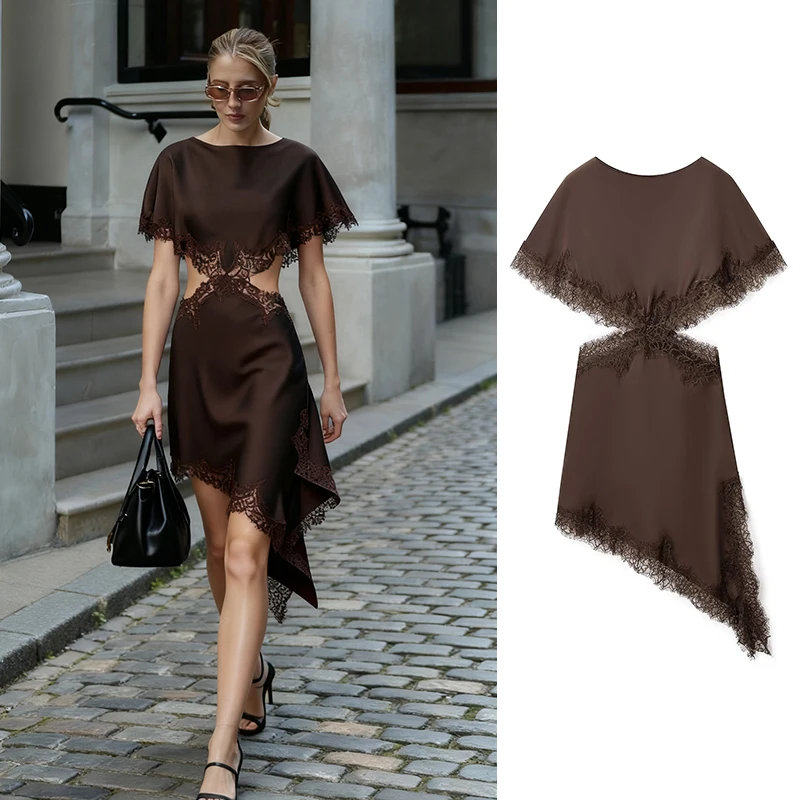 CharmChant Damen-Kleid aus Satin, braun, asymmetrisch, mit Spitze, Ausschnitt, Cape-Ärmel, luxuriös, elegant, Party, bescheidenes Abendkleid