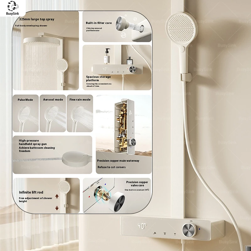 

Душевой набор молочно-белого цвета для ванной комнаты с картриджем фильтра, интеллектуальный цифровой дисплей, скрытый ключ, многофункциональный набор душевой системы