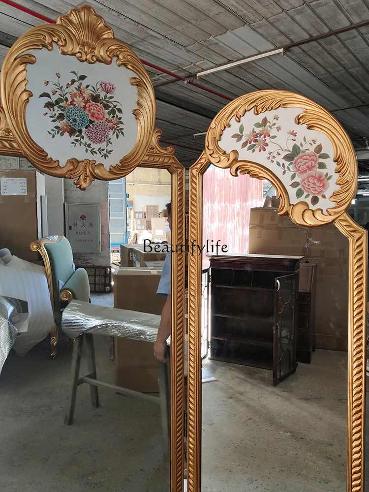 European Style Decorative Folding Screen Solid Wood Hand-painted Western Flower 3-piece Single-sided Screen Floor Mirror