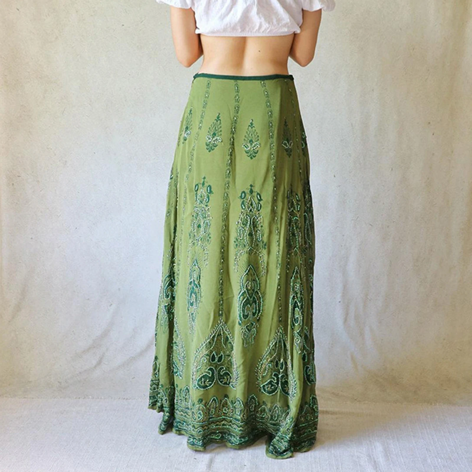 Nowa Moda Damska Letnia Spódnica Trapezowa Boho Kwiatowy Haft Długa Spódnica Na Podróże Plażę Zakupy Gorąca Wyprzedaż S M L