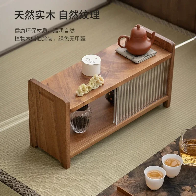 Wooden desktop storage cabinet Glass teapot Tea set Tea cup shelf Shelf Water cup storage cabinet