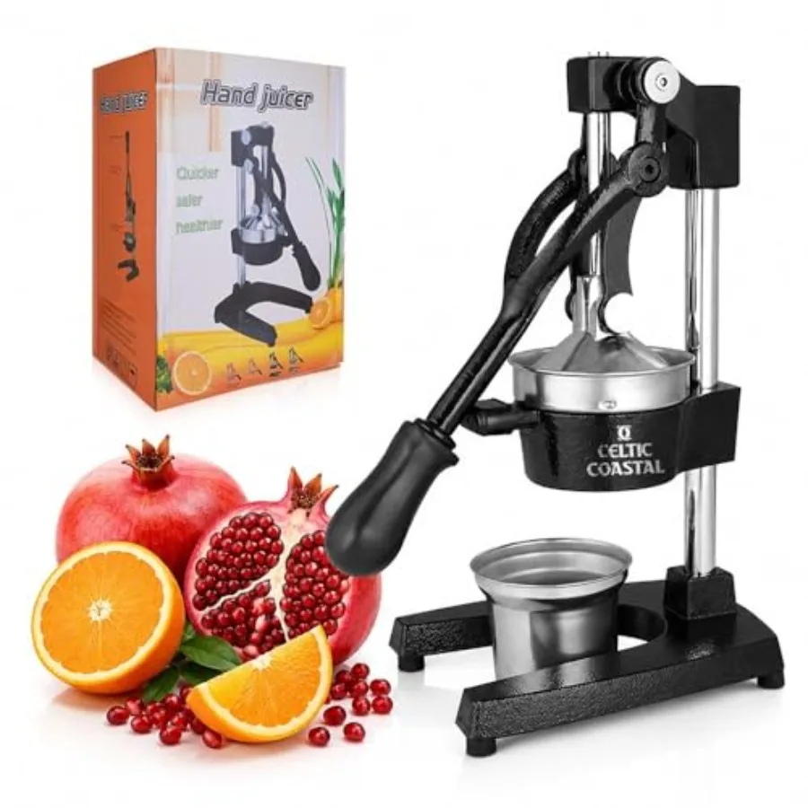 

Cast Iron Juicer for Home Use - Heavy Duty Manual Juice Extractor with Removable Strainer, Stainless Steel Cup, Black Finish, E