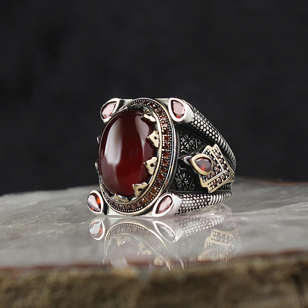 Ethnic Burgundy Agate Gemstone 925 Sterling Silver Men 'S Ring