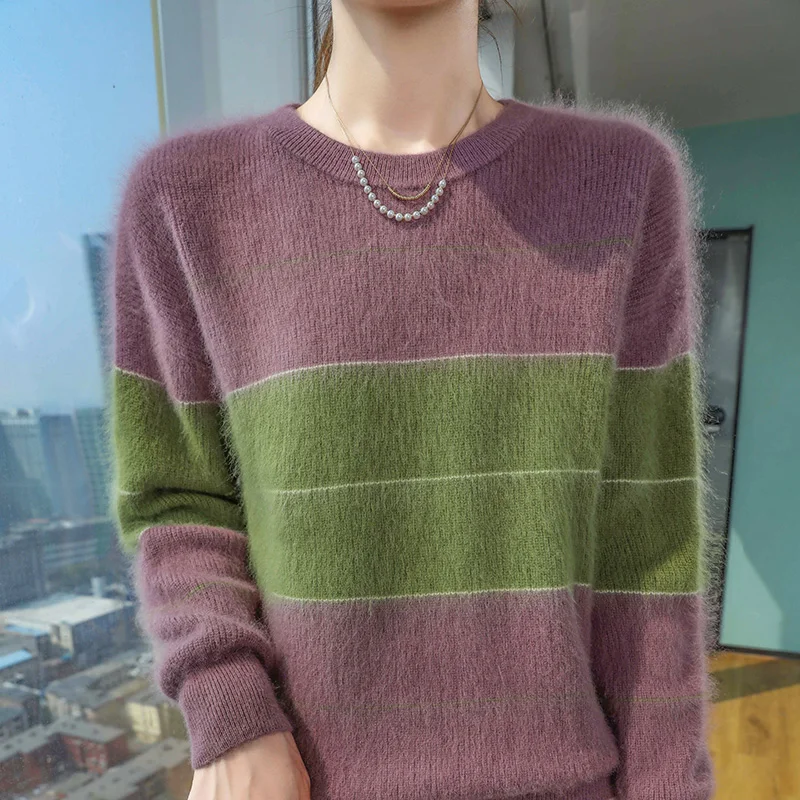 Autumn and winter new women's 100% mink cashmere sweater round neck knitted color blocked pullover loose Korean fashion top