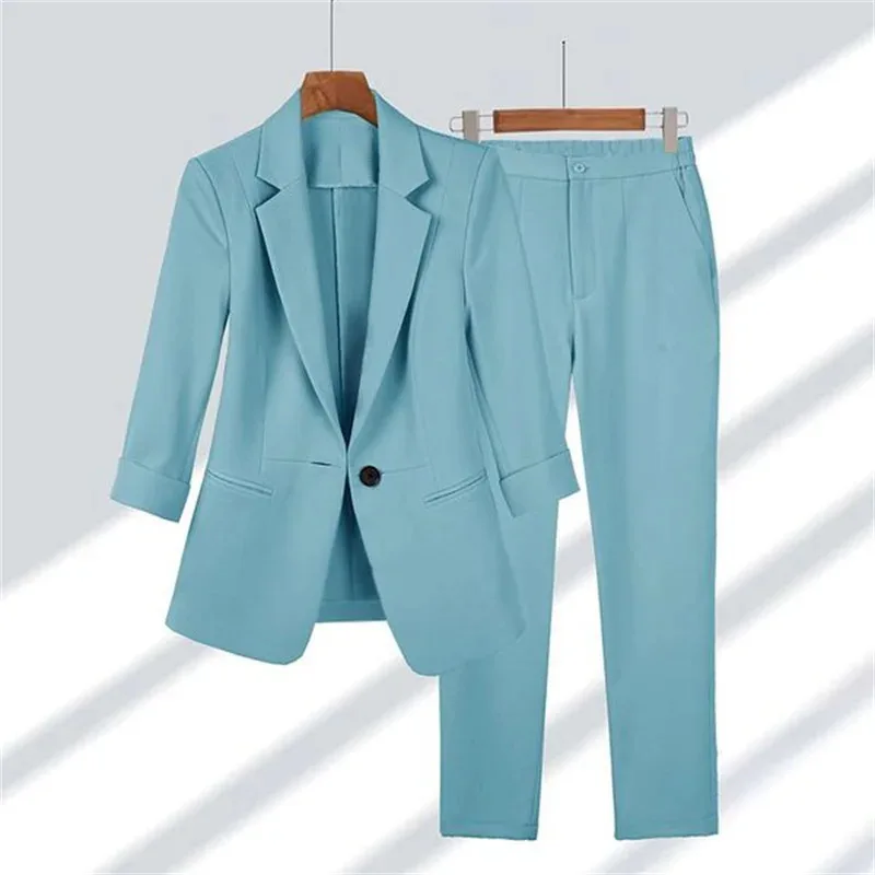 Spring Summer Women Plus Size Suit Set Simple Solid Color Slim Blazer Two‑Piece Commuter Outfit
