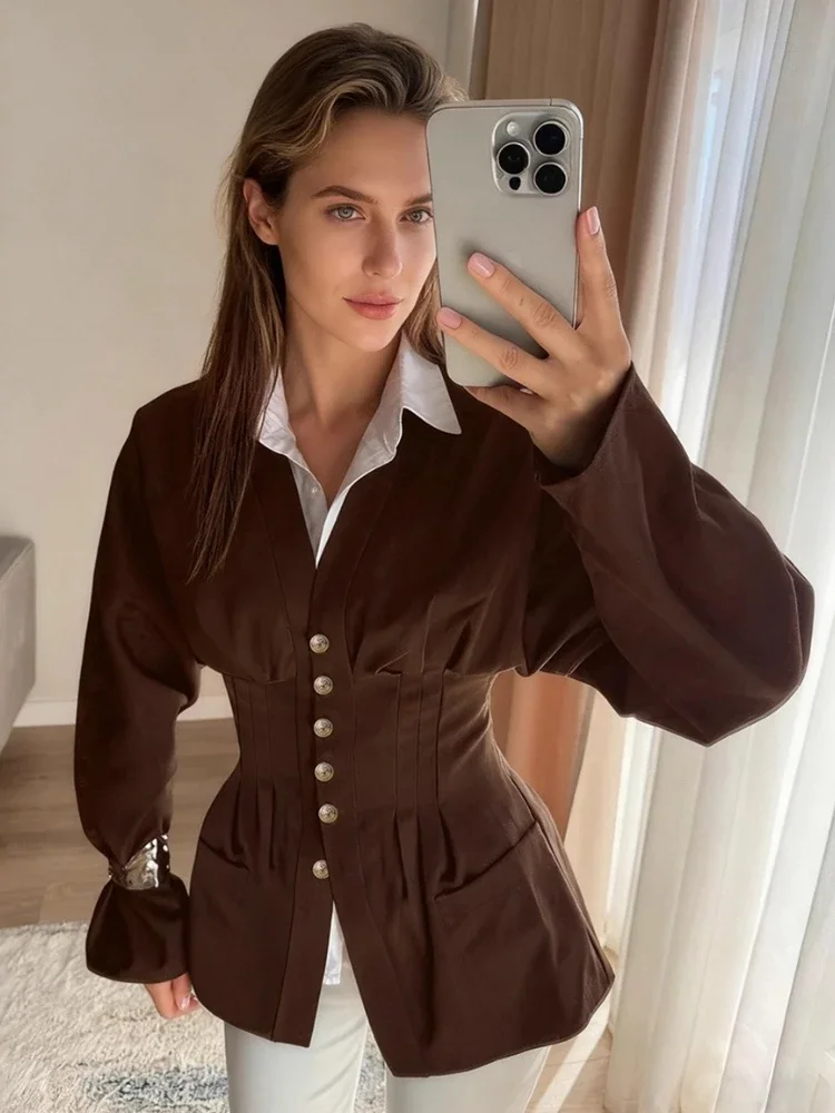 

Elegant Tapered Waist V-Neck Blouse For Women Commuting Solid Long Sleeves Slim Patchwork Clothes 2025 New Women's Shirts