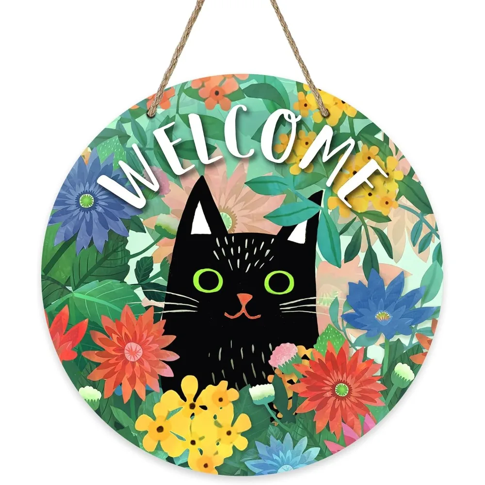 Welcome Spring Black Cat Sign for Front Door Decor Daisy Flowers Floral Wood Door Hanger for Outdoor Indoor Wall Hanging Decor