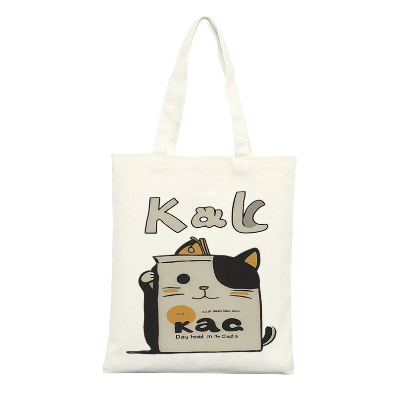 Canvas Tote Bag with Cat and Letter Print, Casual Style for Daily Shopping and Outings