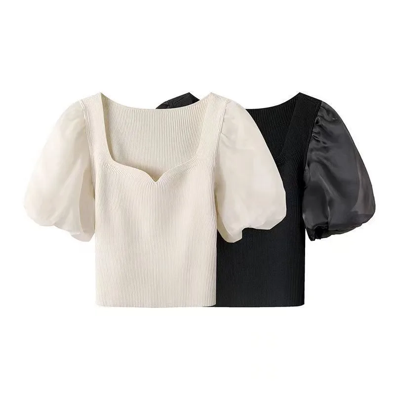 Women Top Puff Sleeve Square Neck Bottoming Shirt Black White Solid Color Casual Slim Korean Fashion Pullover