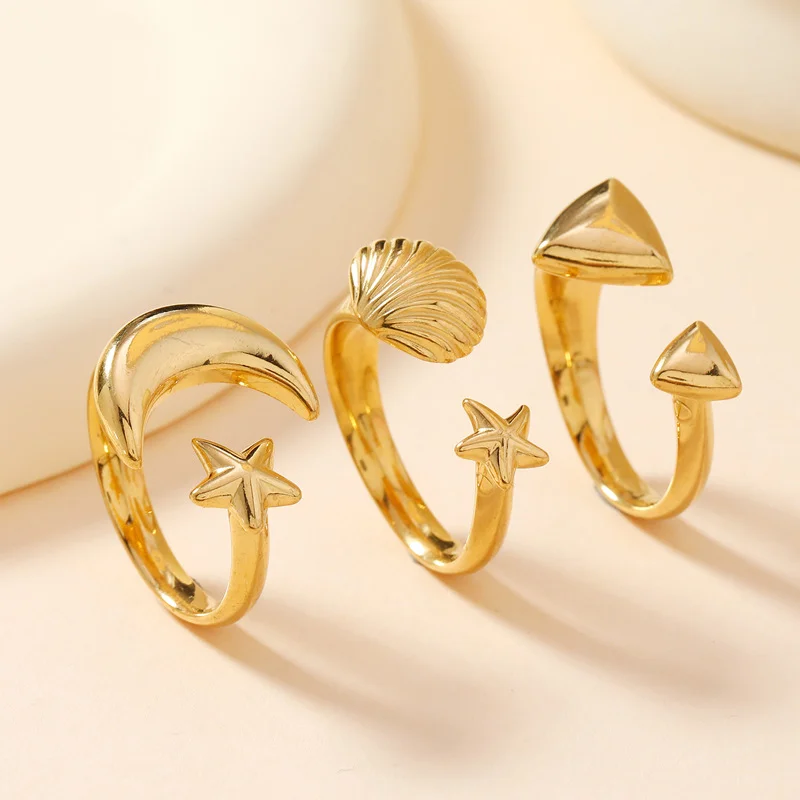 Vintage Shell Starfish Star Moon Rings For Women Gold Color Stainless Steel Openning Ring Wedding Jewelry Party Gift