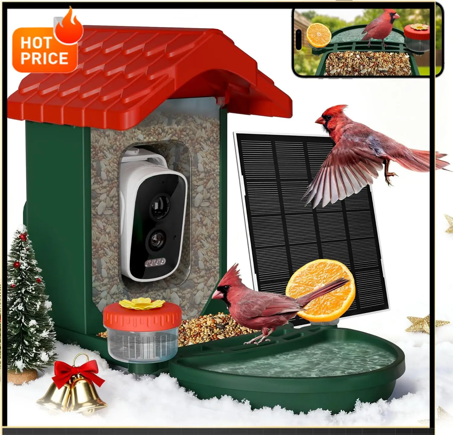 

Бестселлер: Умная кормушка-купалка 2-в-1 для диких птиц с камерой 4K HD, ИИ-идентификацией, на солнечной батарее, ночным видением