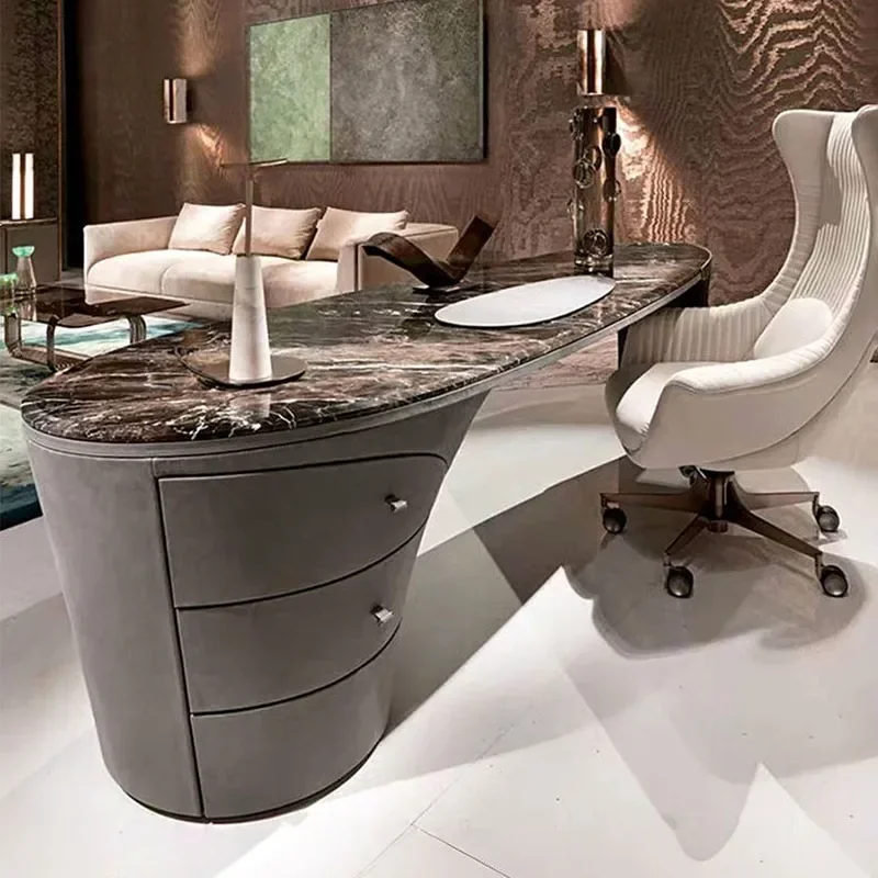 مكتب رخامي إيطالي خفيف فاخر وحديث وطاولة رئيسية ومصمم إبداعي على شكل خاص مع أدراج