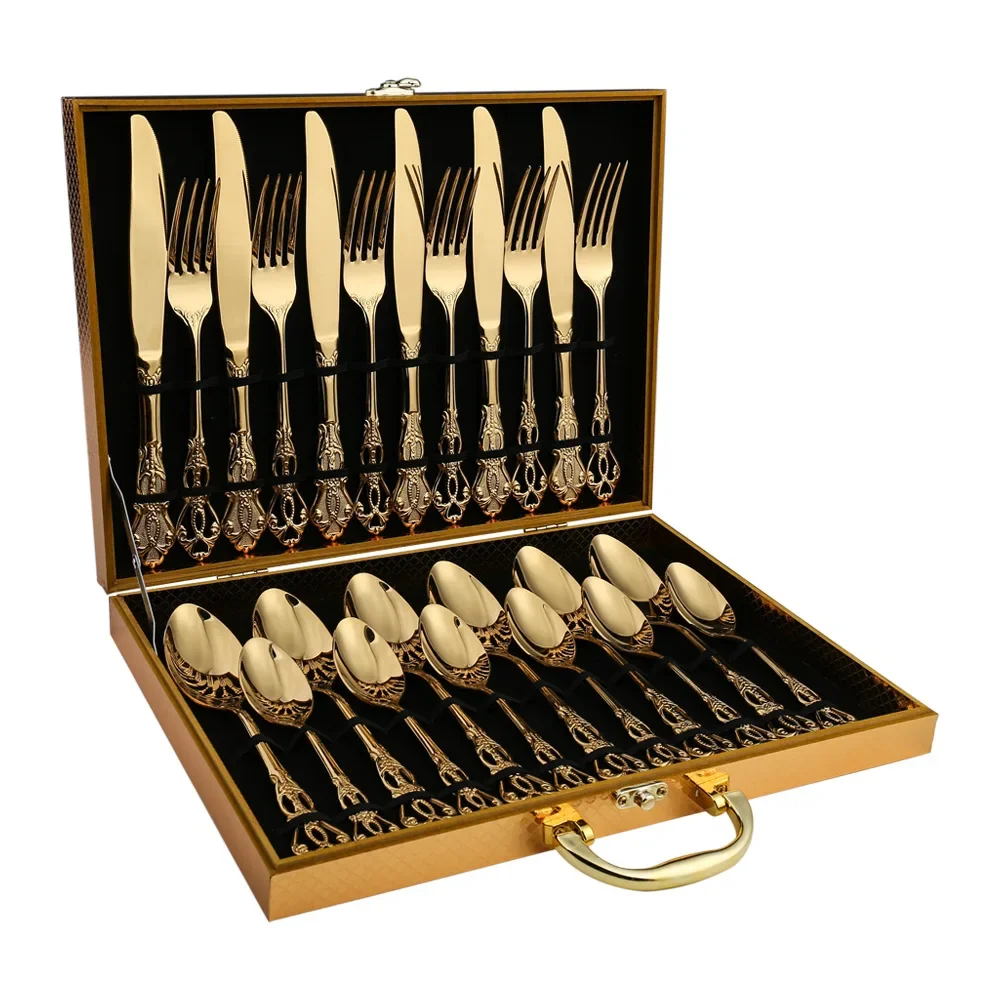 Nordic Complete Tableware of Dishes 24 Pieces Embossed Metal Gold  Cutlery Set Steak Knife Fork Spoon Luxury Carved Western Food