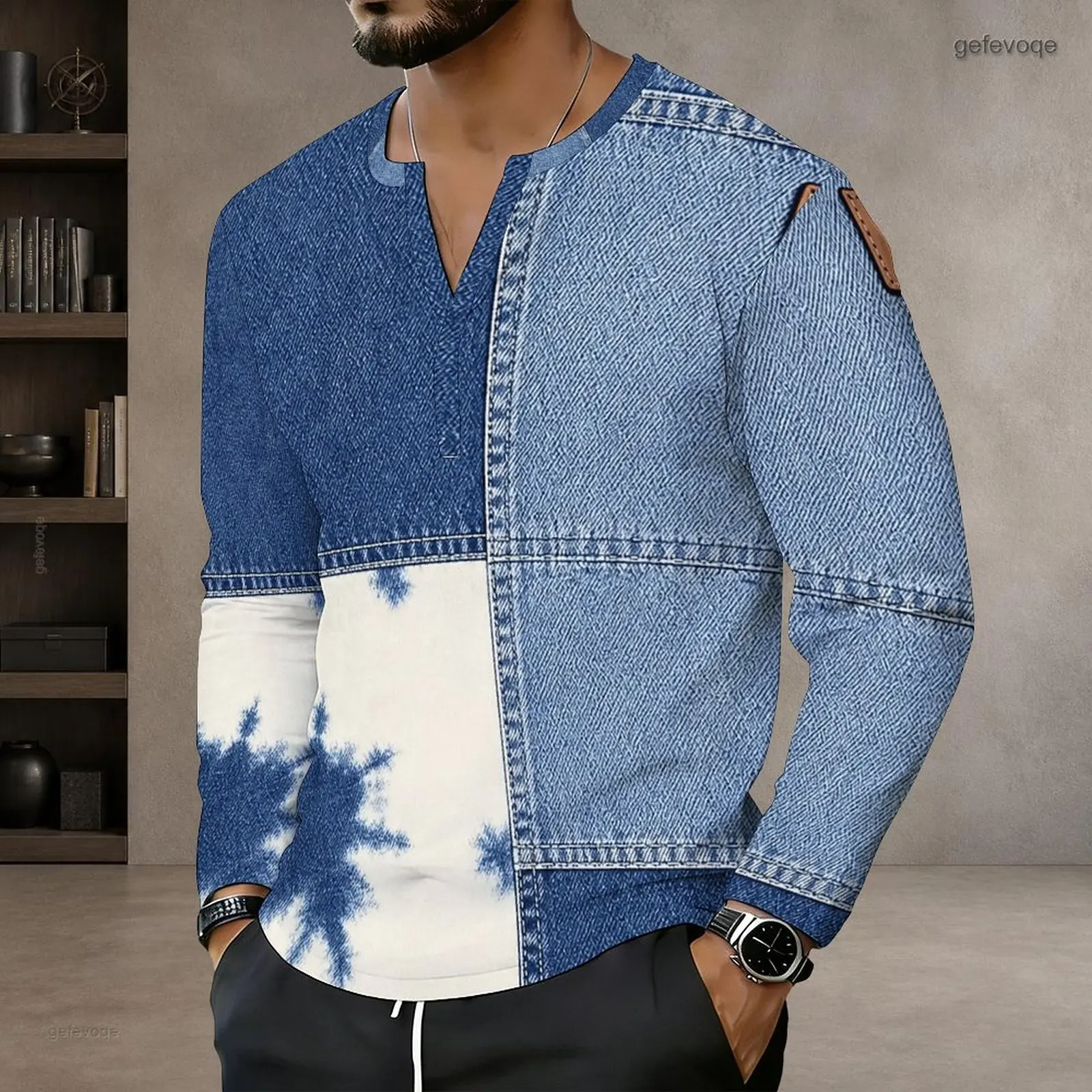 Notch Neck Long Sleeve Pullover Straight Hem Printed Top for Men