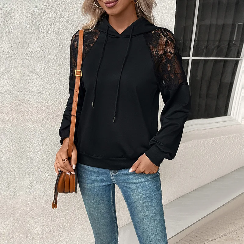 Women's Long Sleeve Hooded Black Sweater Autumn Fashion European And American Style Independent Station New Arrival