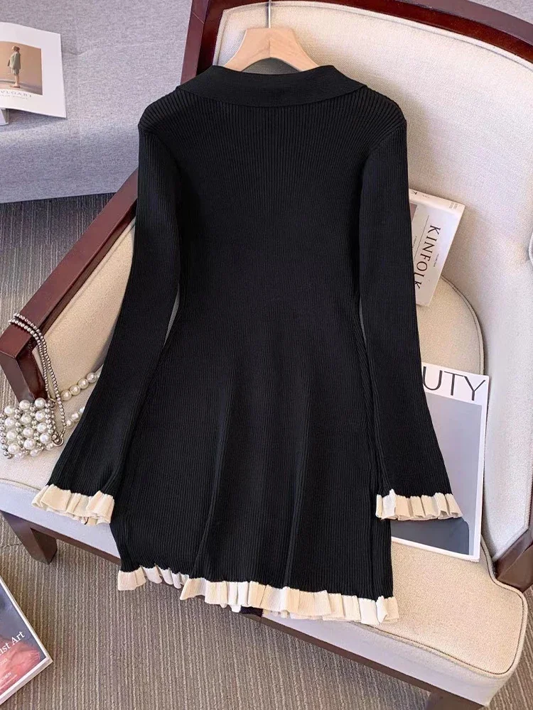 BWQ Autumn Winter French Fashion Old Money Long Sleeve Knit Dress Women 2000s V-Neck Frock Mini One-Piece Vintage Elegant