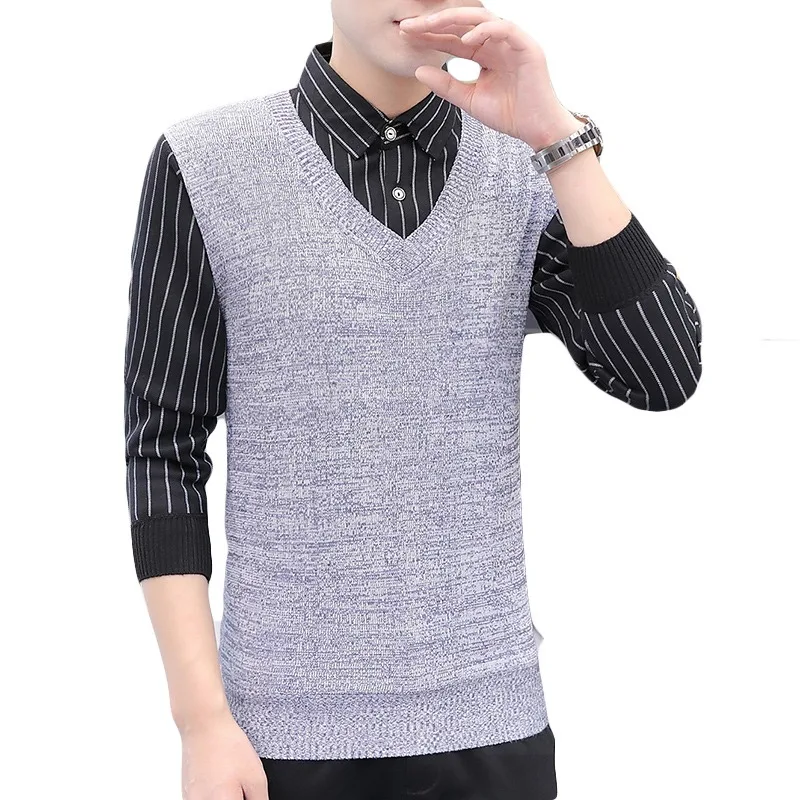 2024 New Men's Casual Fake Two Sweaters and Knitwear Fashion Plaid Letter Print Sweater Vest Long Sleeved Shirts