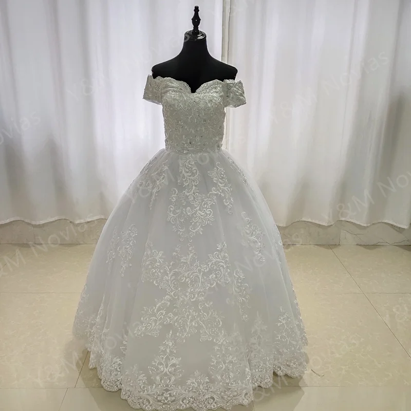 Y & m Novias جديد قبالة الكتف Vestido De Noiva الأبيض العاجي حجم كبير فساتين الزفاف الفاخرة الدانتيل الكريستال حافة للعرائس الثياب