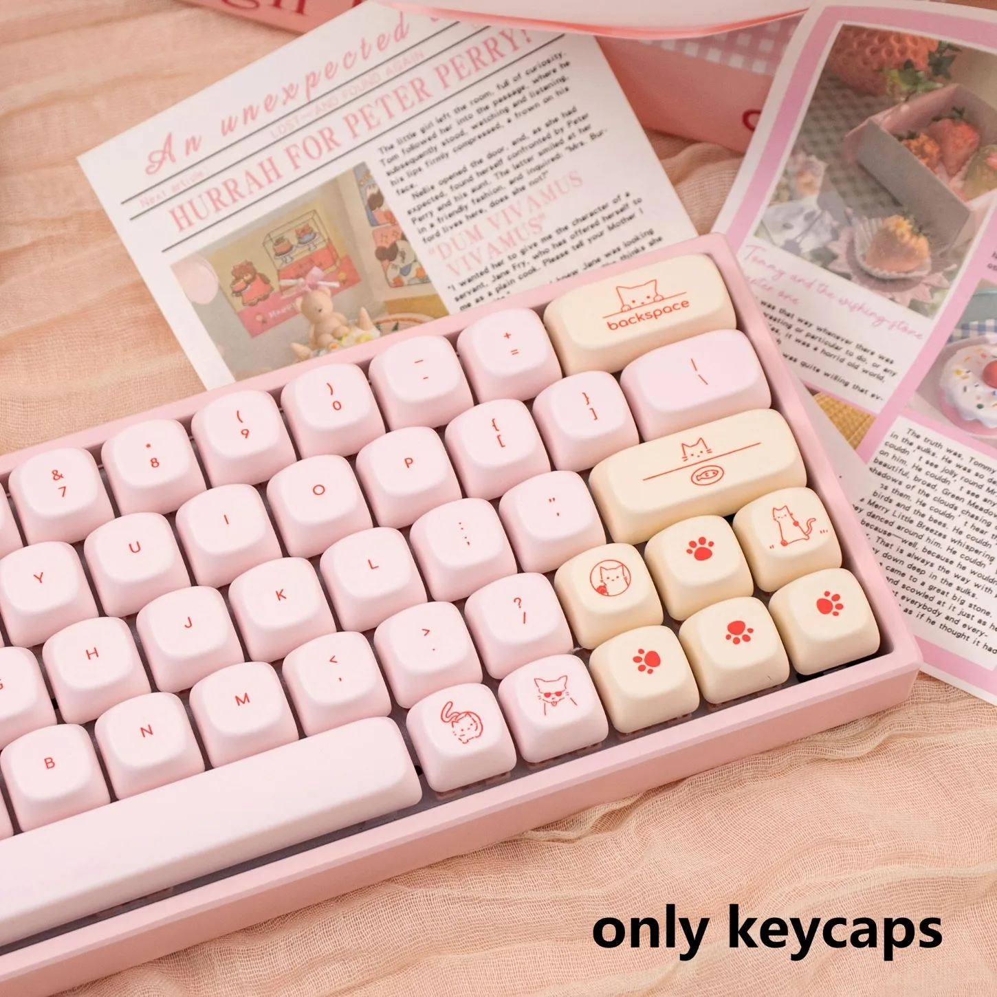 MOA Profile PBT Keycaps 128 Keys Pink Cute Cat Cartoon Minimal Small Font for Mechanical Keyboard