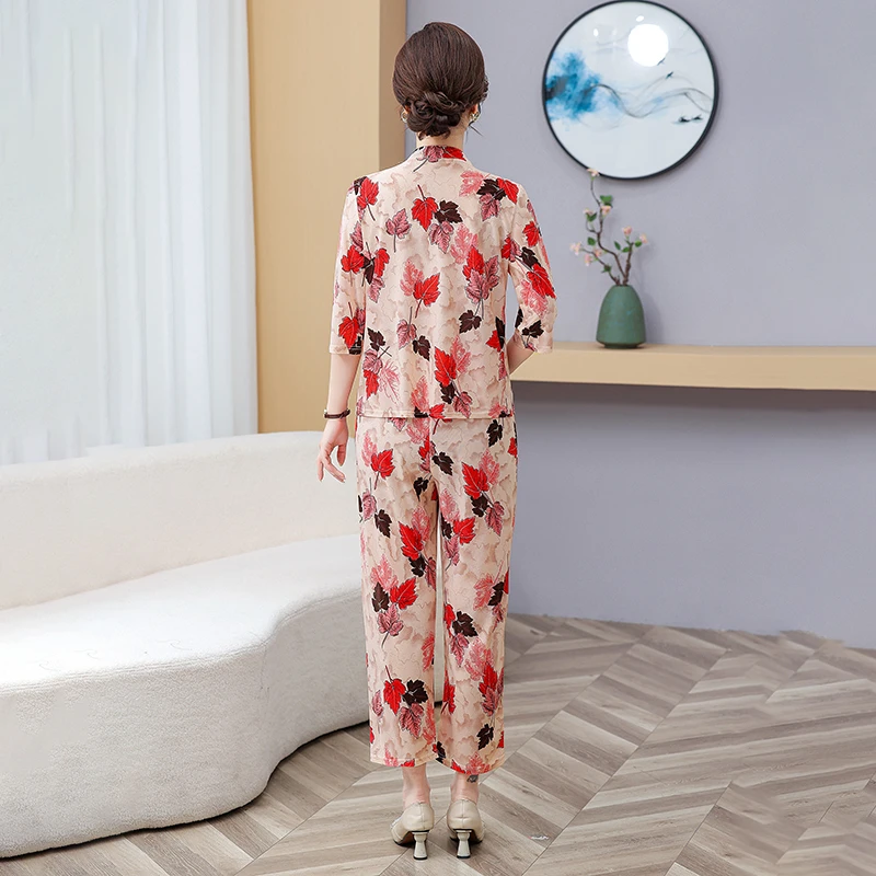 Neue Elegante Pullover Hosen Sommer Anzug Frauen Harajuku Stil Anzug Sommer asiatischen stil Lose V-ausschnitt Druck Top + Hosen Zwei stück