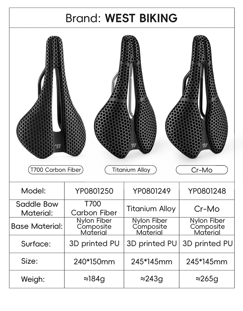 WEST BIKING 3D-Gedruckter Fahrradsattel T700 Carbonfaser Titan-Legierung Cr-Mo Sitzbügel Komfort-Polster für Rennräder 145/150mm – Detail 18