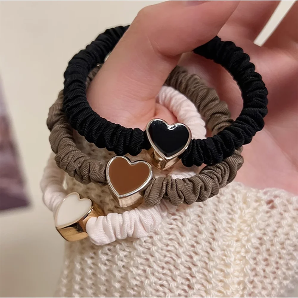 5PC European and American Cream Heart High Elasticity Hair Ties for Women Girls Ponytail Holder Hair Rings Rope Accessories