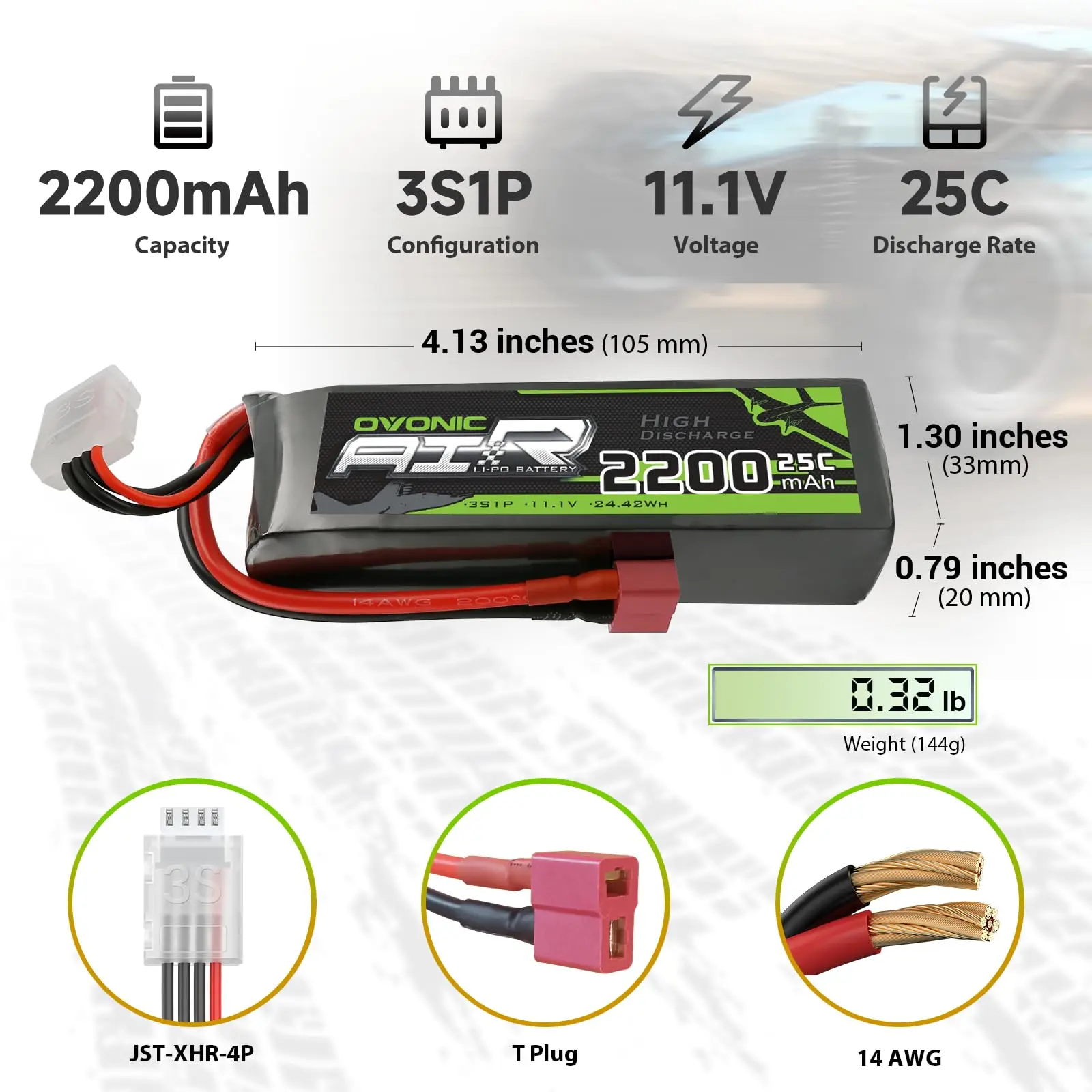 بطارية ليبو OVONIC 3S 25C 2200mAh 11.1V مع قابس T لطائرة هليكوبتر RC كوادكوبتر RC قارب شاحنة سيارة (عبوتان)