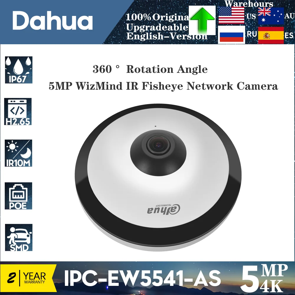 

Dahua 5MP IPC-EW5541-AS Mini Fisheye IP Camera Panoramic 360° Built-in Mic Audio Alarm Interface POE WizMind IR Fisheye Network