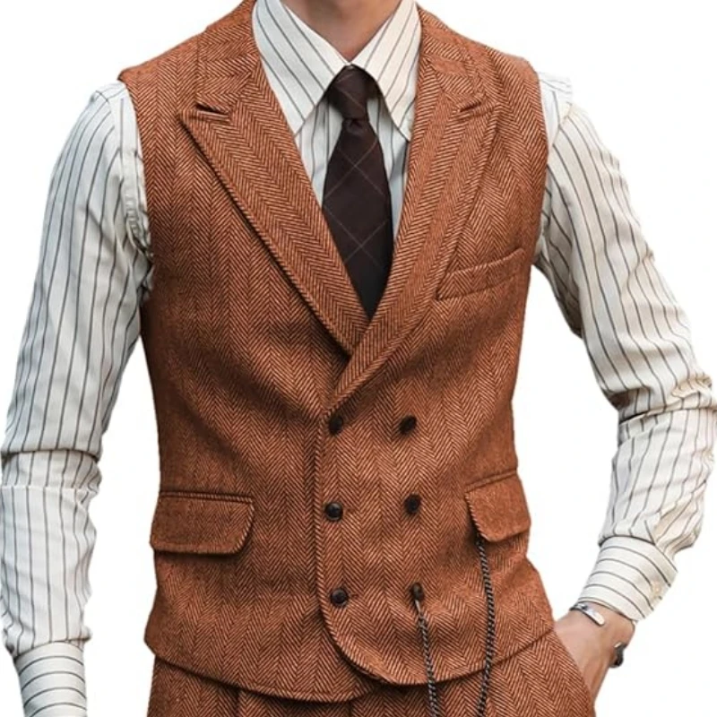 Herringbone Men Vest Dark Green Suede Leather Gentleman Business Waistcoat Vintage Regular Slim Men Suit Vest