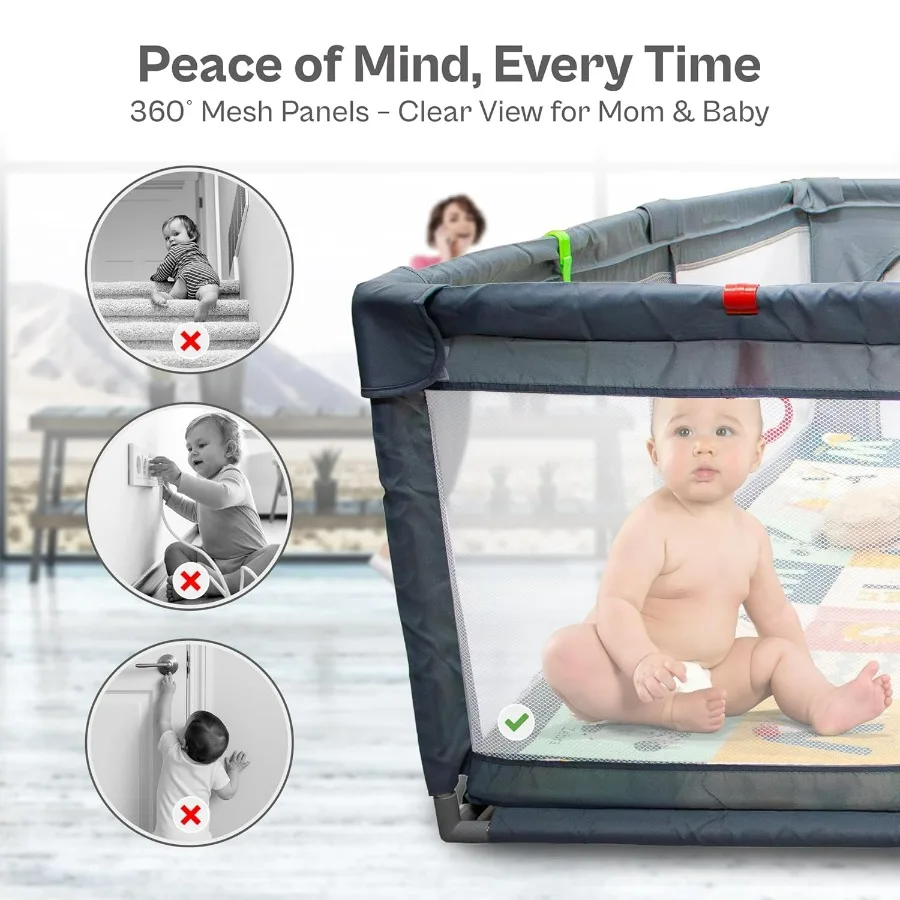 روضة أطفال كبيرة مقاس 71 × 59 بوصة مع شبكة ناعمة قابلة للتنفس وسياج أمان لبوابة بسحاب للاستخدام الداخلي والخارجي سجادة لعب غير قابلة للانزلاق