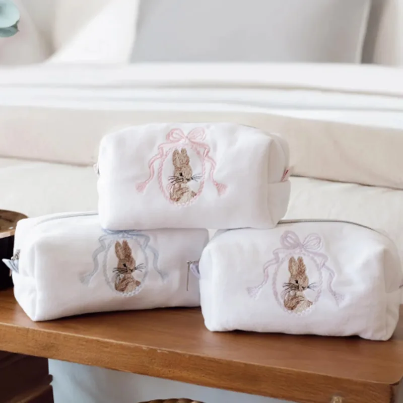 Square Cute Travel Toiletry Bag Women Girls Kawaii Cute Cosmetic Bag Bow Embroidered Large Capacity Makeup Organizer