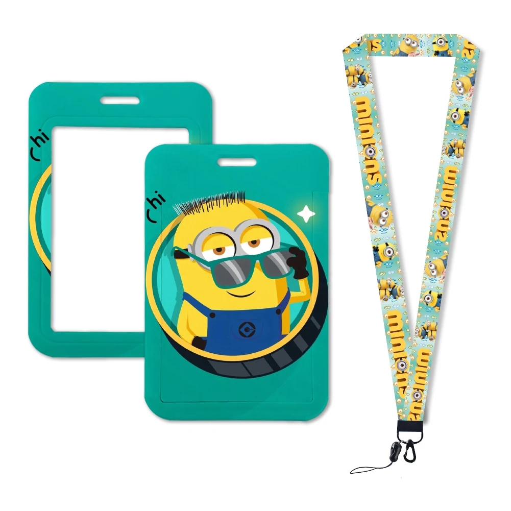 Minions dos desenhos animados titulares de cartão para meninas, colhedores para meninas, estojo de cartão porta, corda suspensa, crachá, alça de pescoço, cartão de visita, pequeno presente, W