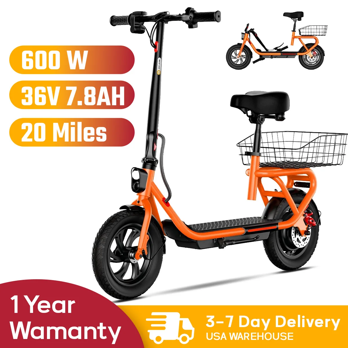 

SISIGAD C10 600W electric scooter, 19MPH top speed, 20-mile range, with seat, shock absorbers, folding design, and dual brakes.