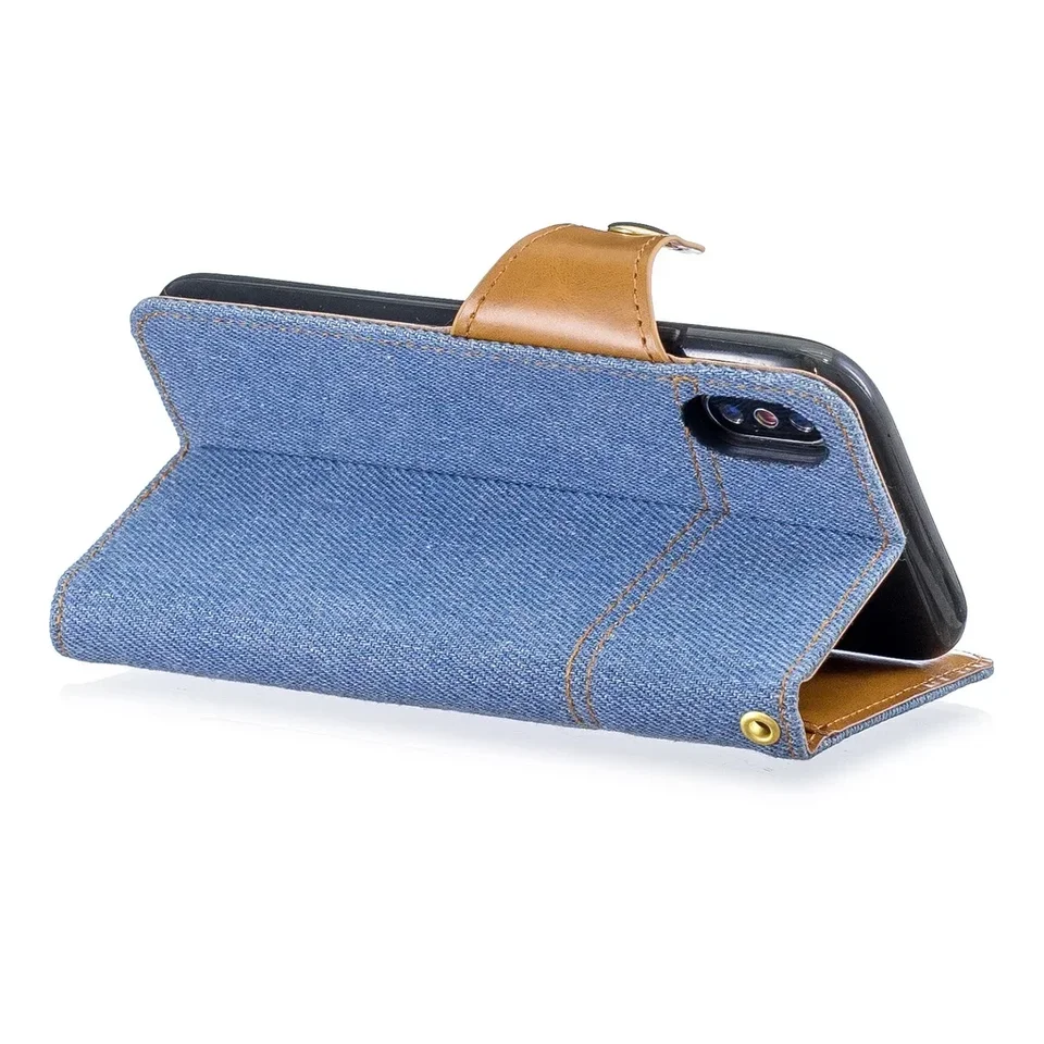 Denim Contrasting Leather Strap Phone Case for iPhone 16 Pro Max 15 14 13 12 11 XR Xs Max X 7 8 Plus Card Slot Stand Flip Cover, image 5