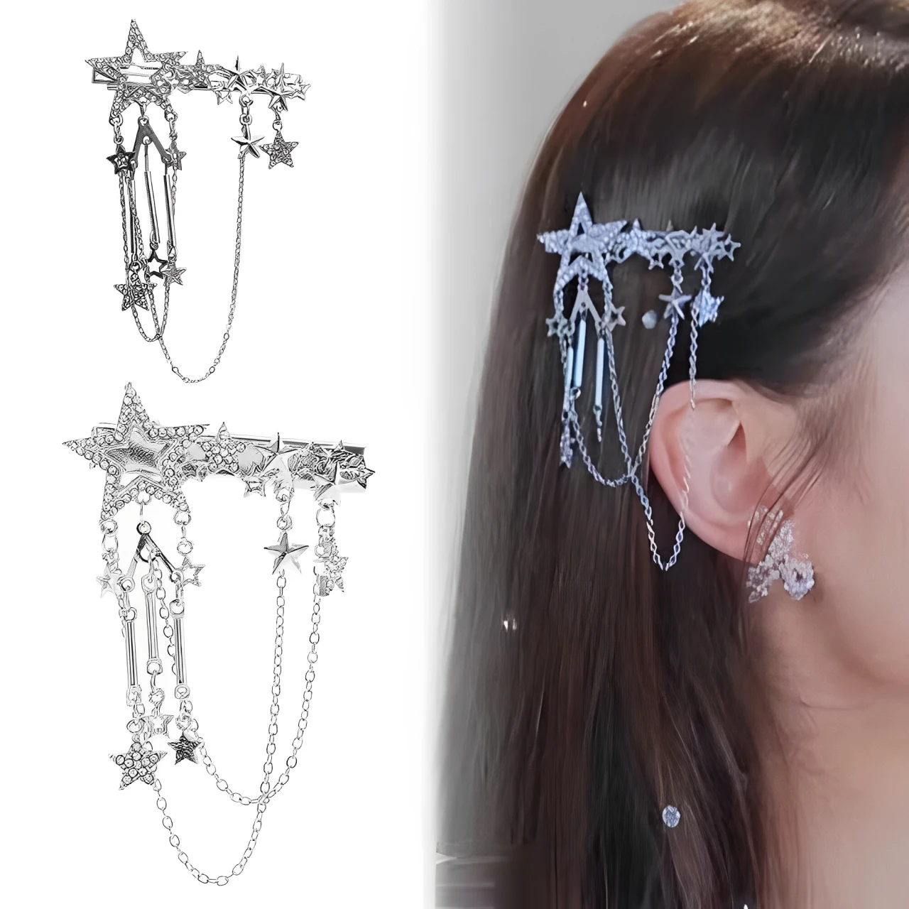Punk Haar Clip voor Vrouwen Meisje Vintage Crystal Star Kwastje Haarspelden Harajuku Y2K Mode Hoofddeksels Haar Sieraden Accessoire