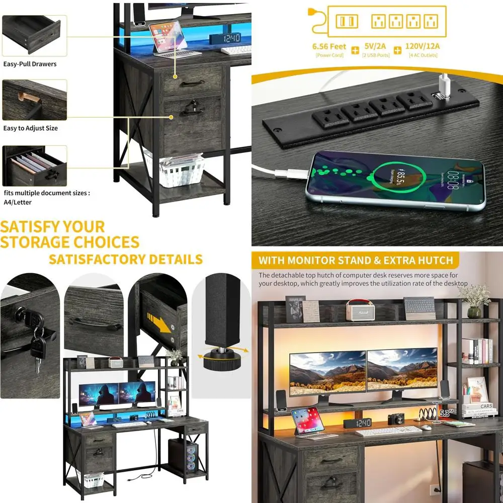 

59.1 Grey Home Office Desk with Storage, Power Outlets, and LED Lighting