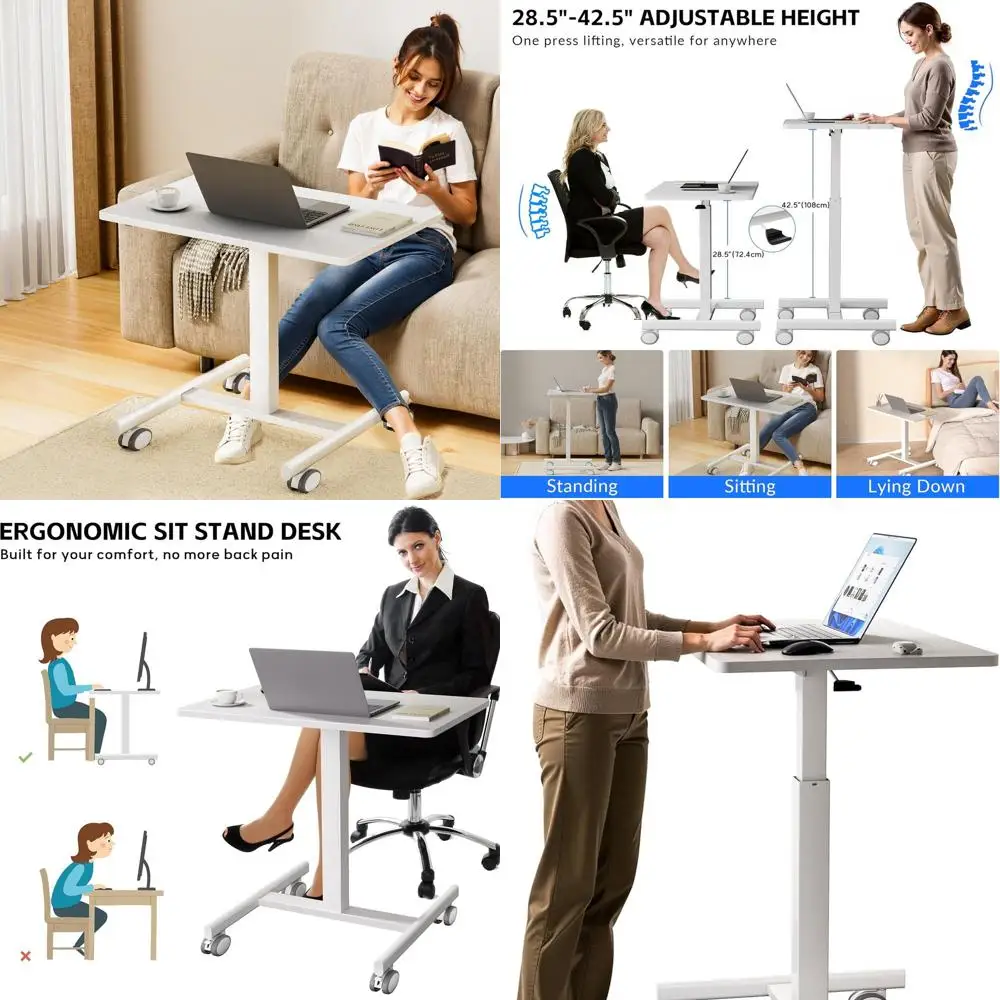 

Adjustable Height Mobile Laptop Desk with Wheels, Compact Rolling Workstation for Home and Office (White)