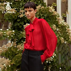 LILYSILK Women Silk Sheer Mesh Shirt New 10 Momme Femme Light Long Sleeve Bow-Tie Blouse Summer Essentials Free Shipping