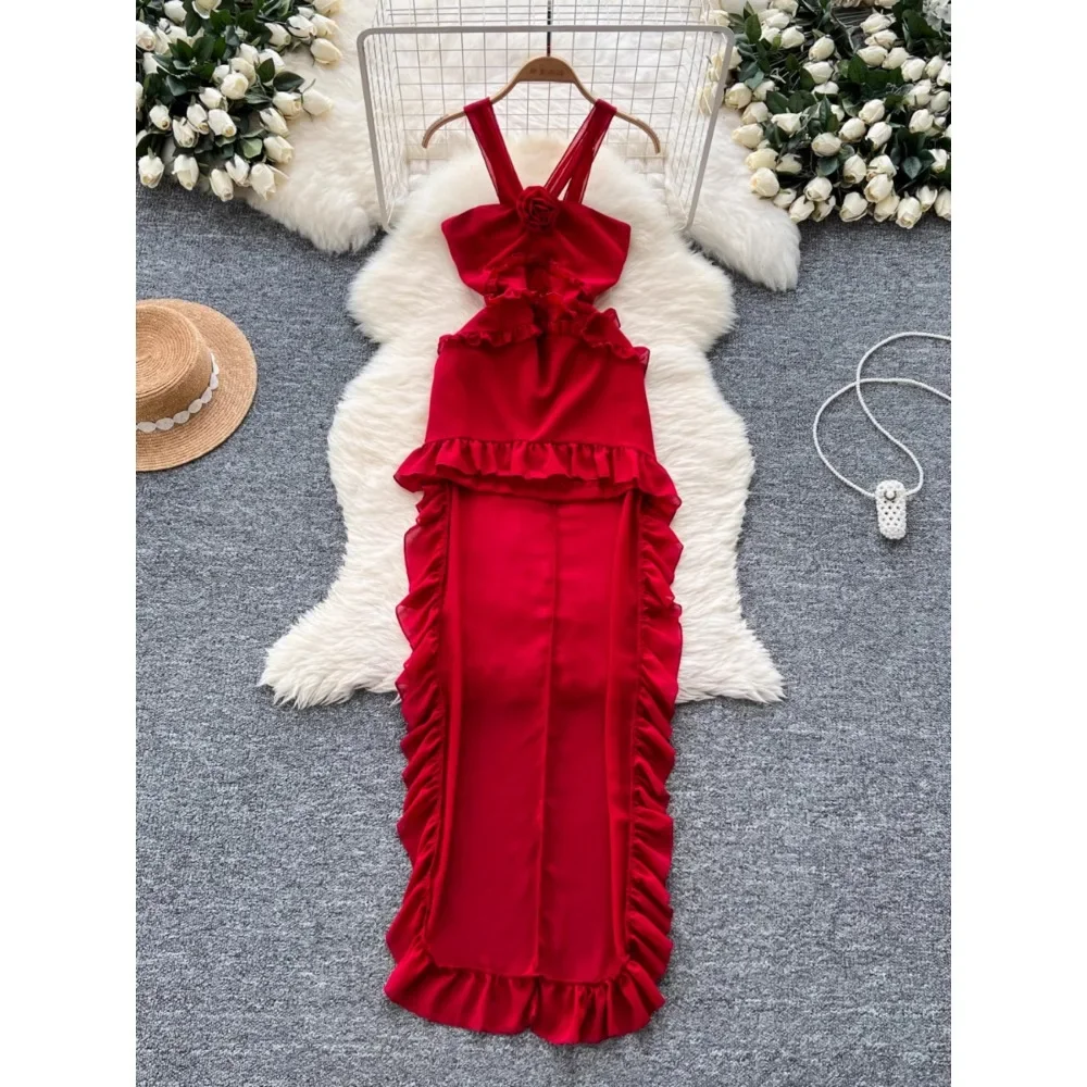 Women Vintage Sleeveless Elegant Rose Floral Chic Asymmetrical Ruffles Slim Straps Dresses French Evening High Street Clothing