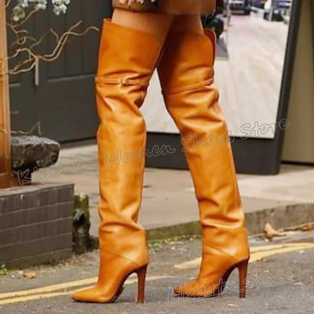 Über Das Knie Stiefel Gürtel Schnalle Spitze Dünne High Heels Einfarbig Leder Mode Luxus Elegante Prägnante Sexy Frauen Schuhe Neue