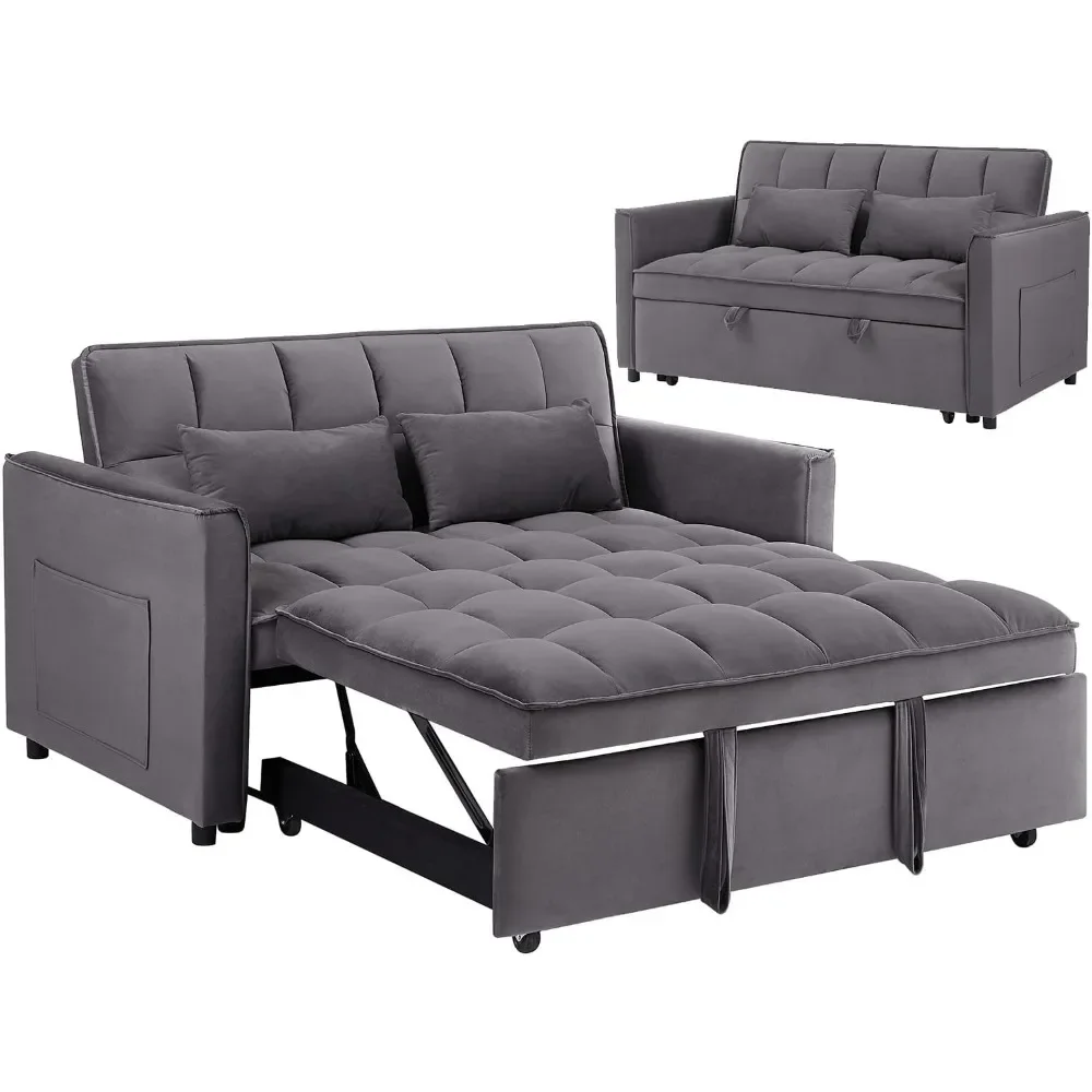 3-in-1 Sleeper Sofa Bed, Velvet Convertible Sofa Bed, Equipped with Armrests, Storage Bag, and 2 Pillows, Modern Sofa Bed