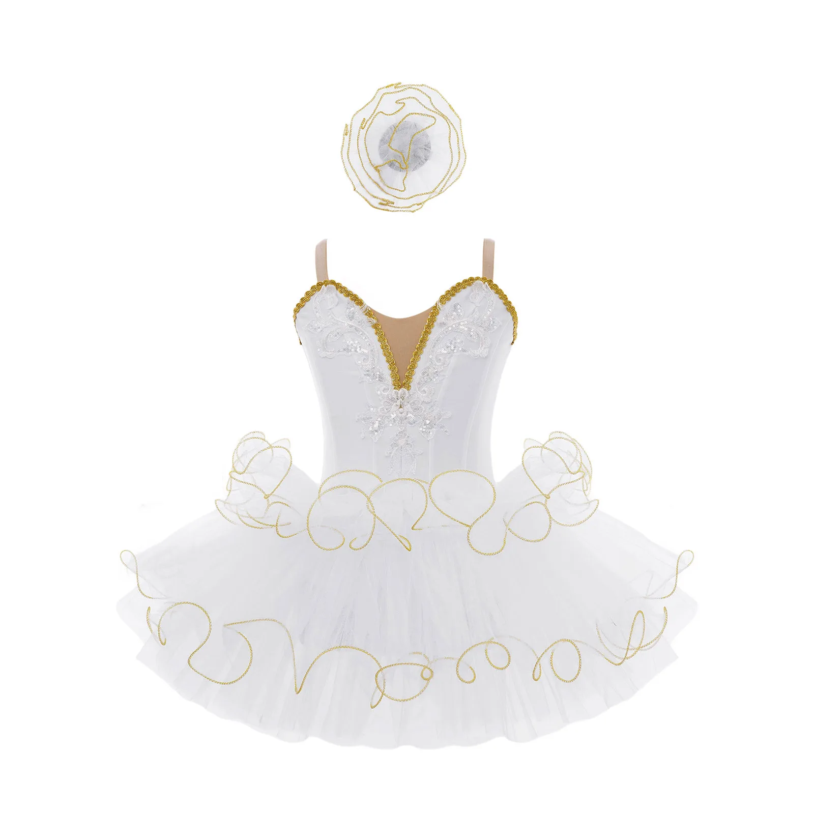

Girls Ballet Tutu Dress Adjustable Strap Embroidery Bodice Layered Dress with Headwear Set Swan Lake Pancake Ballerina Dancewear