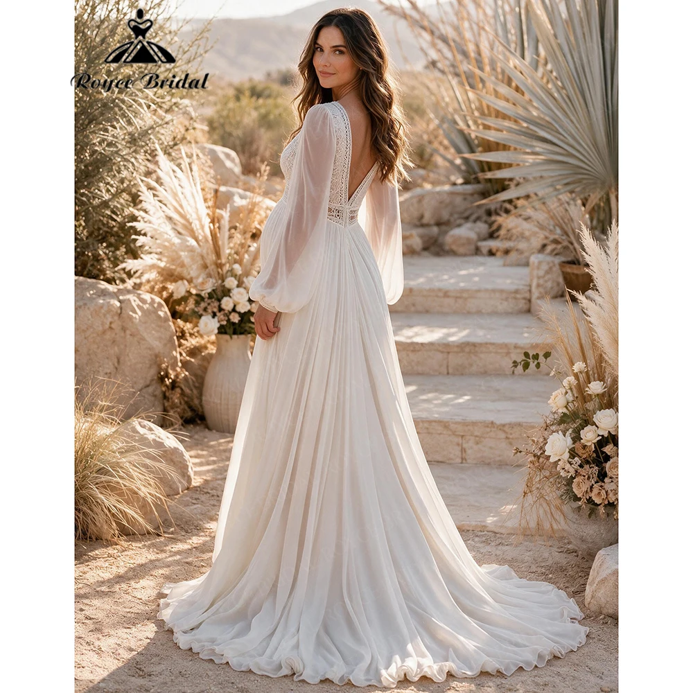 Roycebridal Deep V Neck Boho A Line Wedding Dresses 2027 Flowers Lace Backless Beach Bridal Gown Customized vestido de novia