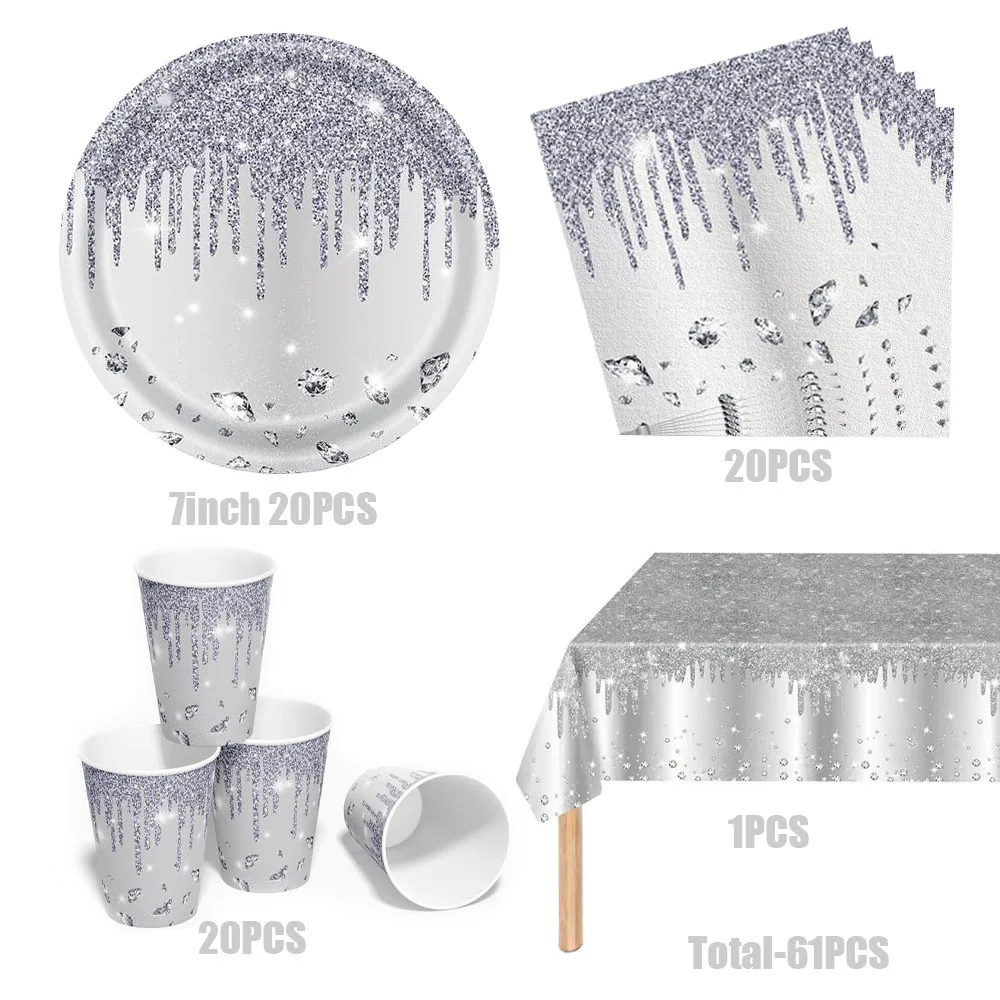 Silber-Glitzer Einweg-Geschirrset Luxuriöse Diamant-Pappteller Becher Servietten Tischdecke Hochzeit Brautparty Partyzubehör – Detail 6