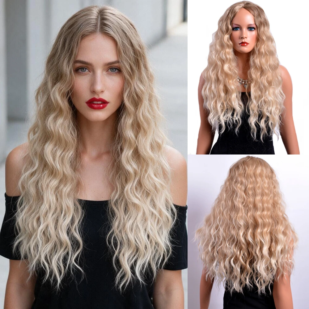 Long Wavy Blonde Synthetic Wig Middle Part Heat Resistant Full Wig for Women Cosplay Costume