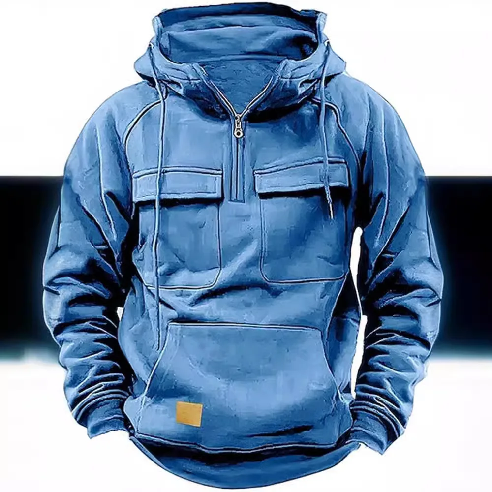 New Spring-Autumn Men's Hoodie | Solid Color Streetwear Multi-Pocket Leather Patch Sweatshirt Jacket for European-American Youth