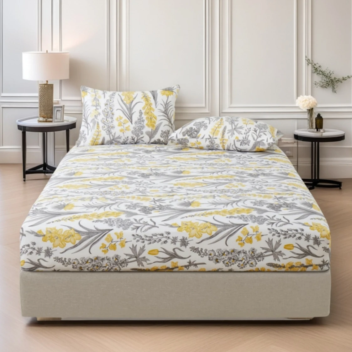 

Yellow Floral Fitted Sheet Set Farmhouse Lily of The Valley Plant 3pcs Bedding Sheets Deep Pocket Mattress Cover Bedroom Decor